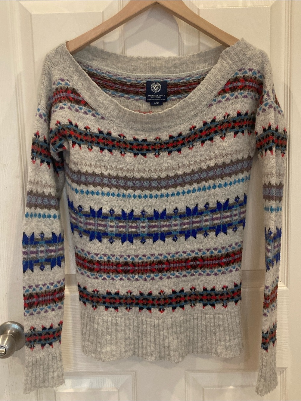 American Eagle Outfitters Women's Gray Fair Isle Crewneck Sweater - Picture 2 of 9